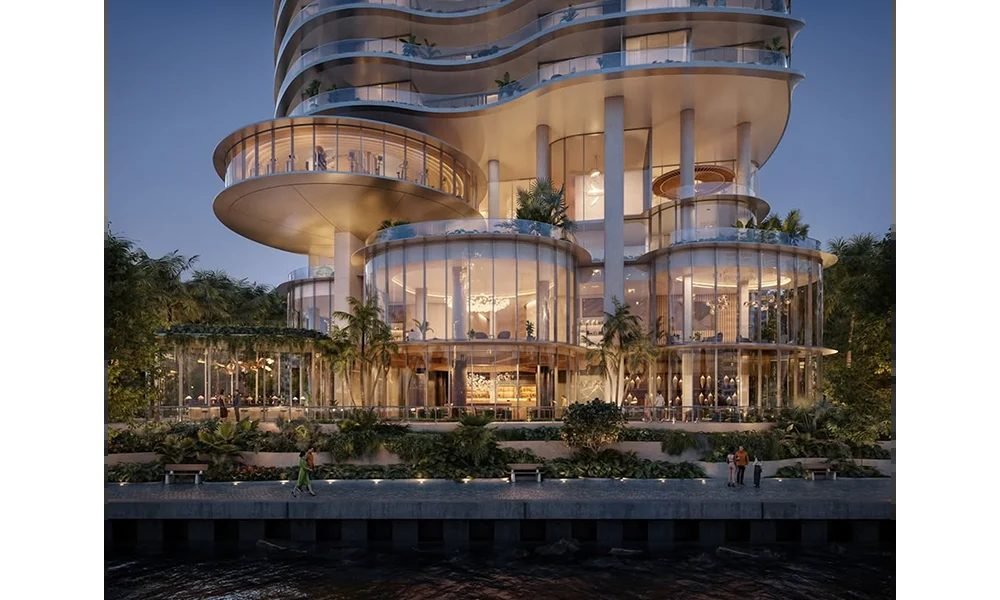 Nobu Residences Brickell, torre à beira-rio com pavilhão de restaurante em vidro