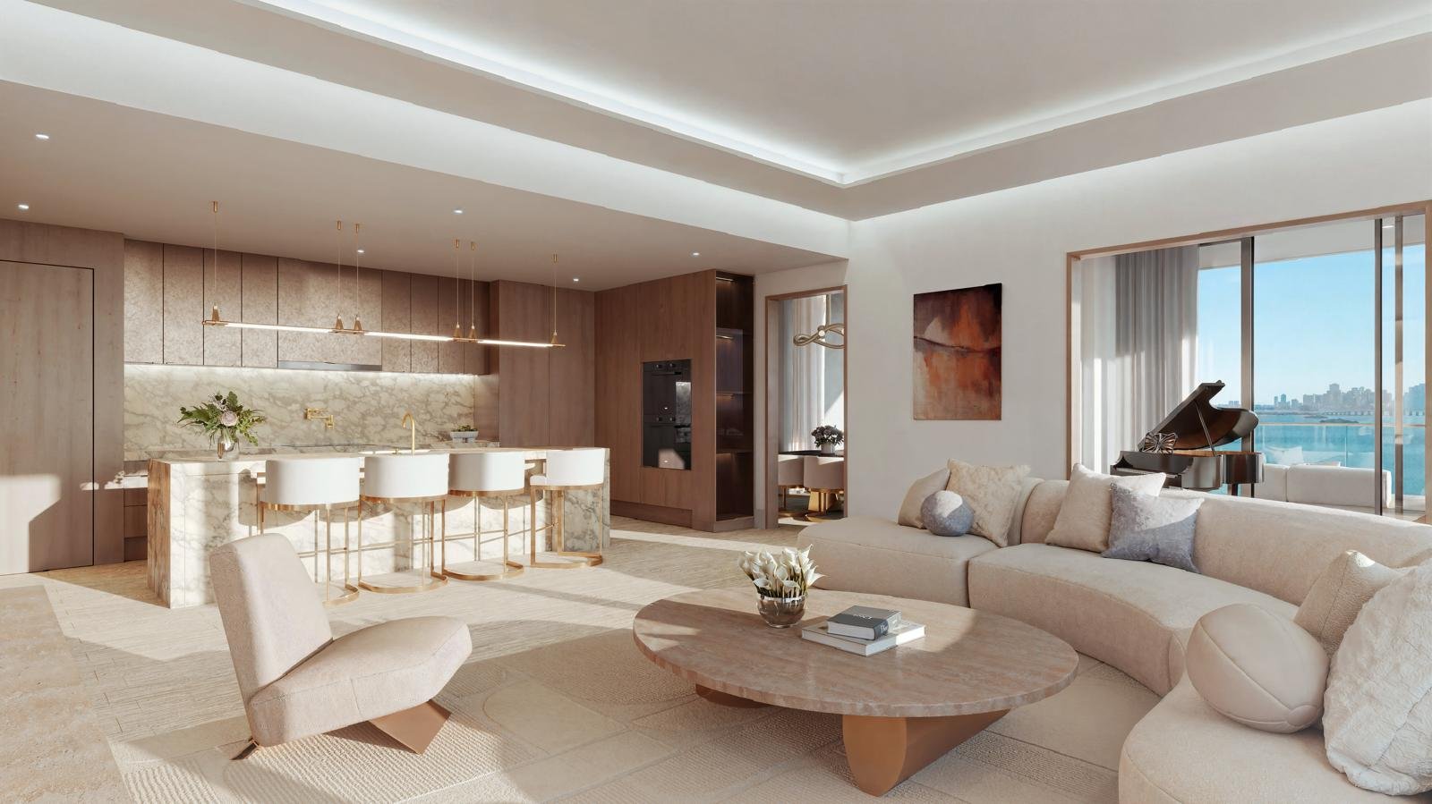 Tula Residences, cozinha integrada à sala com piano e vista para a baía