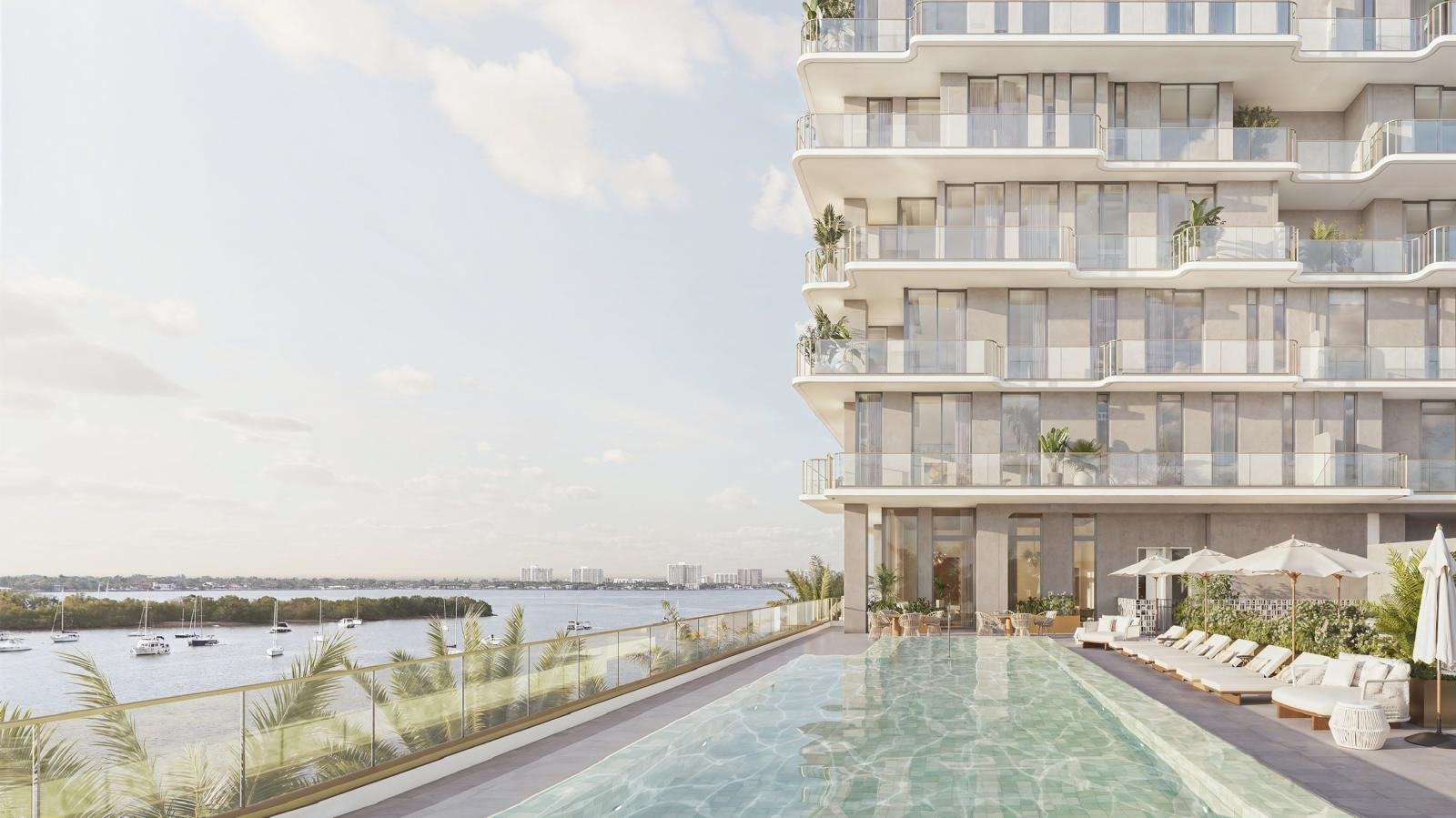 Tula Residences, área de piscina com vista para a baía de Miami
